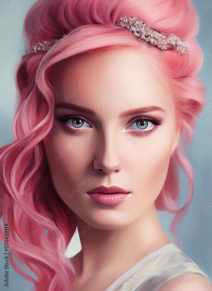 Naklejka premium Painting of a beautiful woman's face, Portrait of a beautiful woman, pink hair
