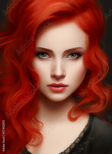 Painting of a beautiful woman's face, Portrait of a beautiful woman, red hair