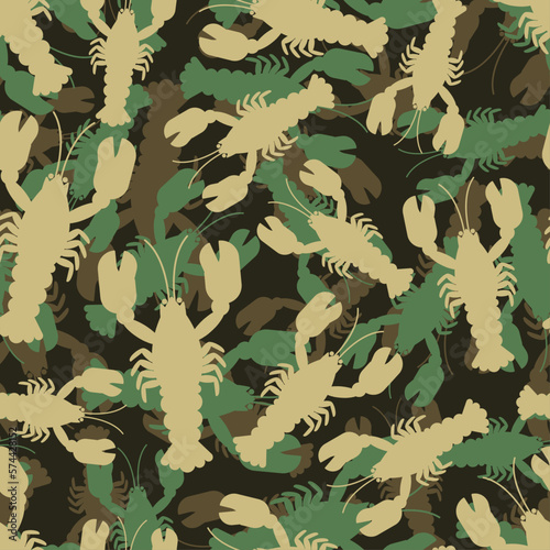 Crayfish army pattern seamless. Sea animal with claws Military texture for hunters and soldiers