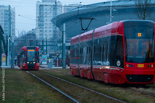 close-up of a tram in Katowice. Traveling by public transport. 