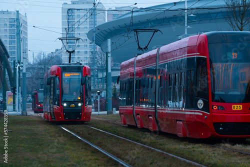 close-up of a tram in Katowice. Traveling by public transport. 