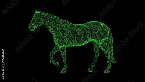 3D horse on black bg. Object dissolved green flickering particles. Business advertising backdrop. Science concept. For title  text  presentation. 3D animation.