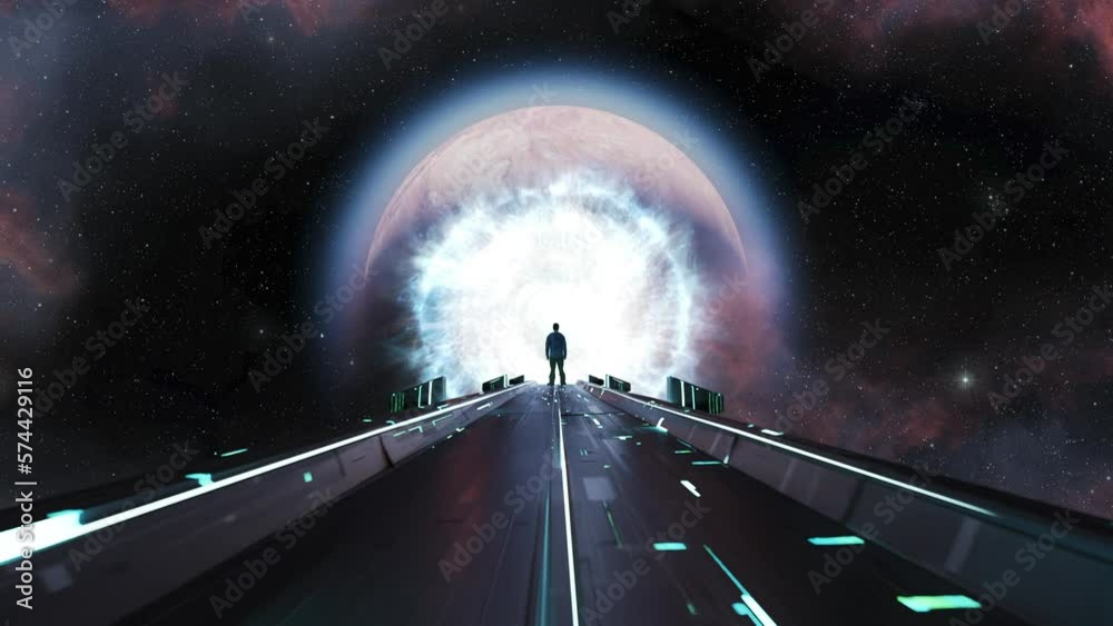 Dark abstract Sci Fi path with Outer Space and Planet in background. Man Standing with Glowing Light Rays and Portal. 3d Rendering Artwork