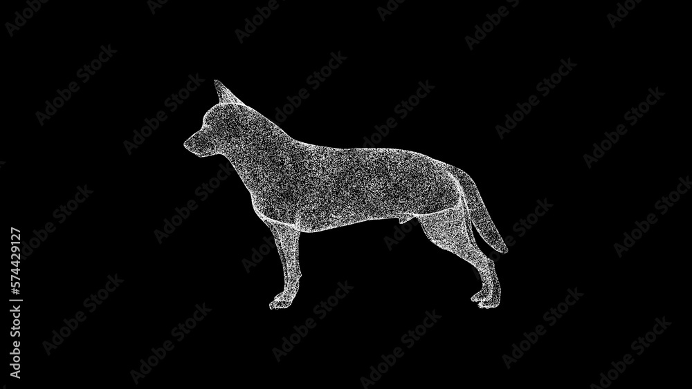 3D dog on black bg. Object dissolved white flickering particles. Business advertising backdrop. Science concept. For title, text, presentation. 3D animation.