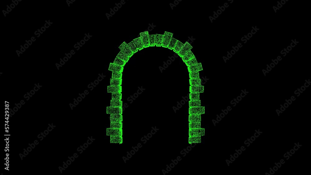 3D stone arch on black bg. Object dissolved green flickering particles. Business advertising backdrop. Science concept. For title, text, presentation. 3D animation.