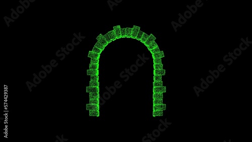 3D stone arch on black bg. Object dissolved green flickering particles. Business advertising backdrop. Science concept. For title, text, presentation. 3D animation.