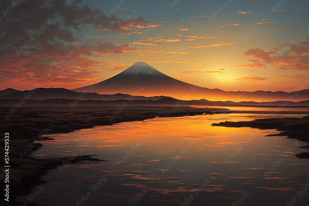 stunning Japanese landscape with mountains at sunrise made with Generative AI