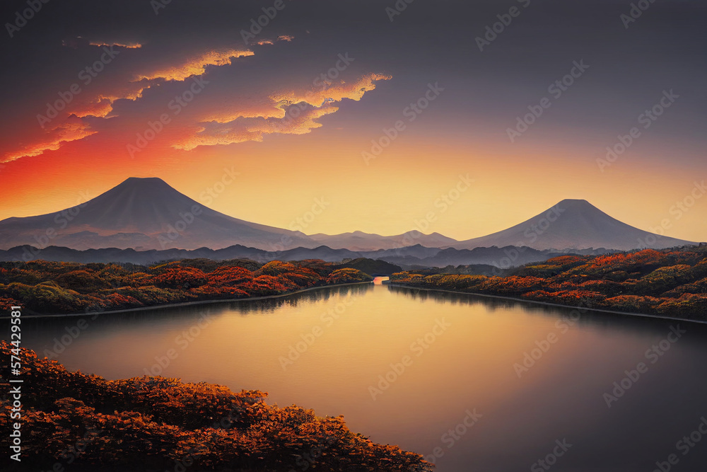 stunning Japanese landscape with mountains at sunrise made with Generative AI stunning Japanese landscape with mountains at sunrise made with Generative AI