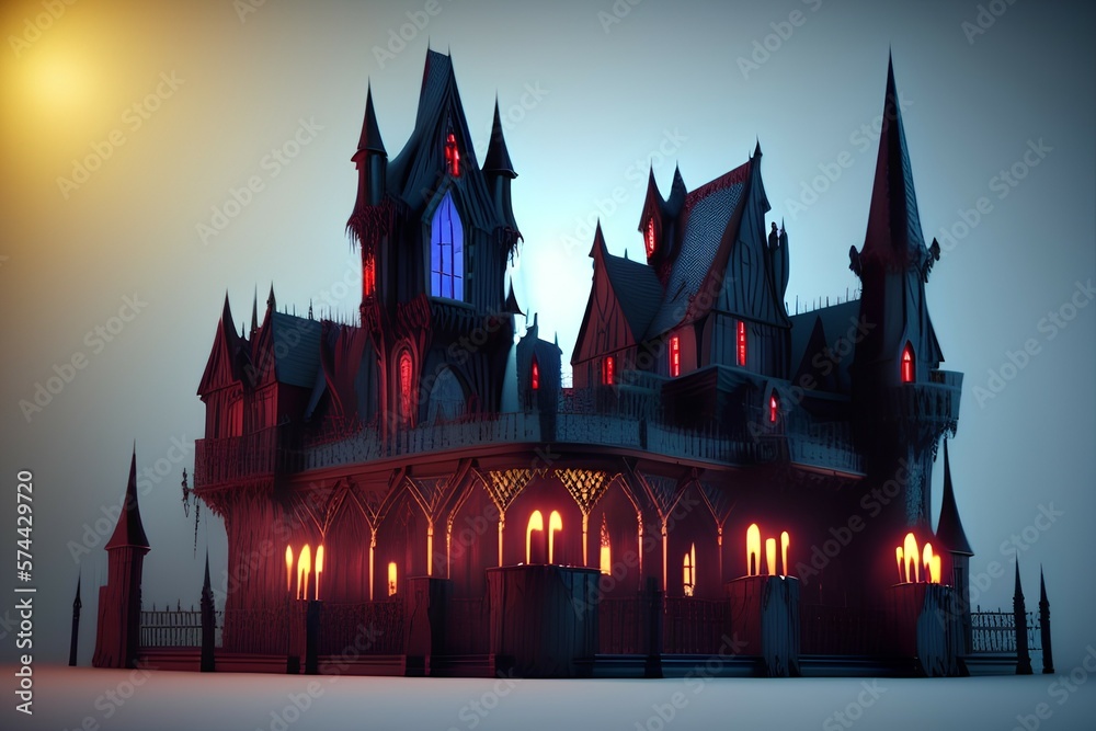 A gothic vampire Transylvanian castle is illuminated with candlesticks to create a spooky horror game setting. 3d illustration - generative ai A gothic vampire Transylvanian castle is illuminated with candlesticks to create a spooky horror game setting. 3d illustration - generative ai