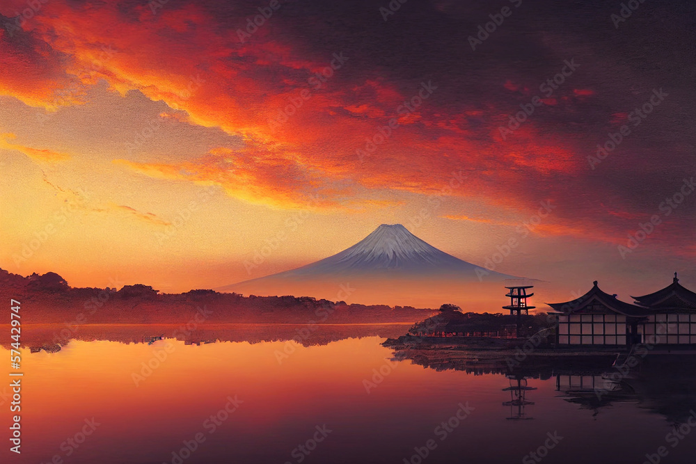 stunning Japanese landscape with mountains at sunrise made with Generative AI stunning Japanese landscape with mountains at sunrise made with Generative AI