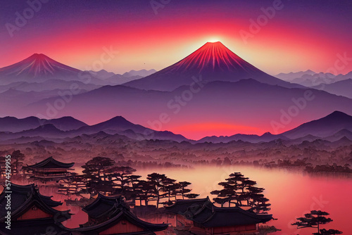 stunning Japanese landscape with mountains at sunrise made with Generative AI