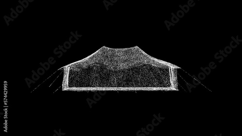 3D tourist tent on black bg. Object dissolved white flickering particles. Business advertising backdrop. Science concept. For title, text, presentation. 3D animation.