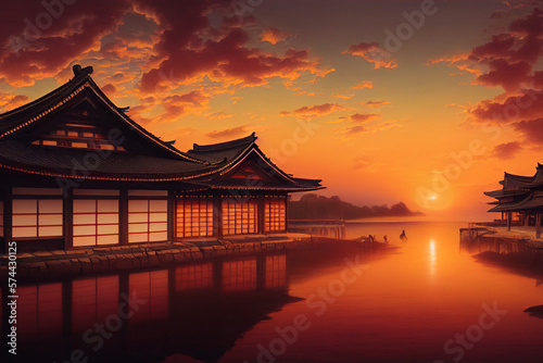 traditional japanese building during sunset made with Generative AI