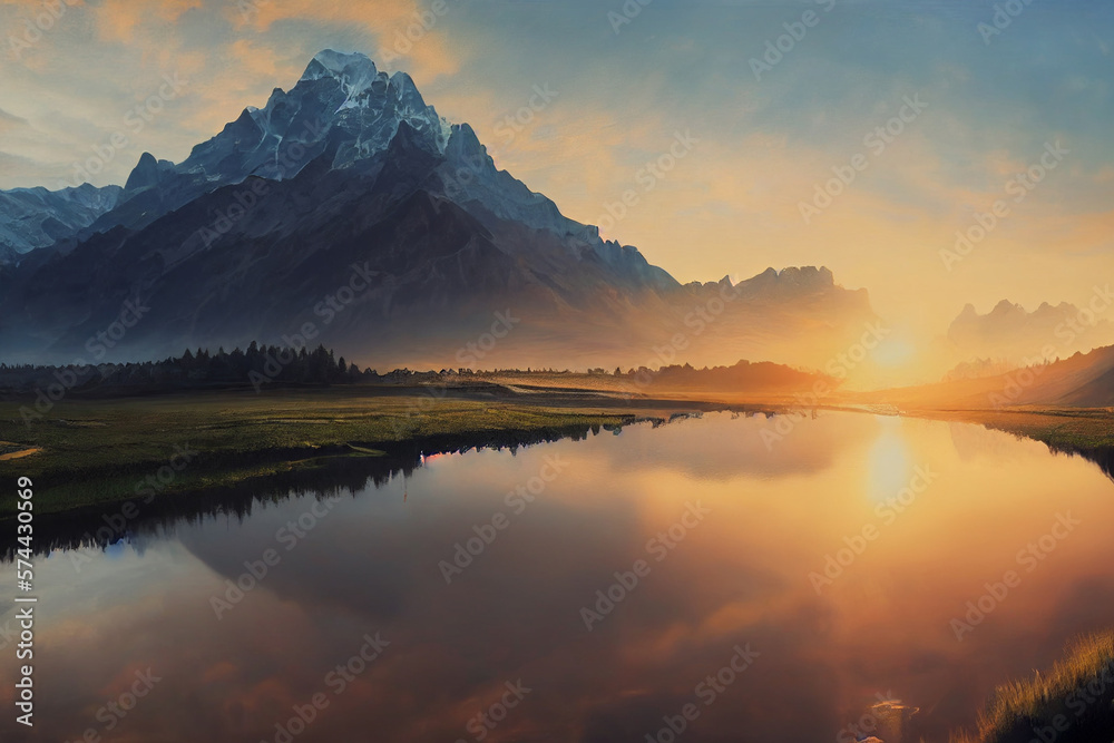 stunning swiss landscape with mountains at sunrise made with Generative AI