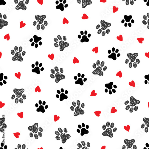 Pet footprint seamless pattern. Pet animal dog, cat footprint background with heart. Puppy valentine texture doodle wallpaper. Vector illustration
