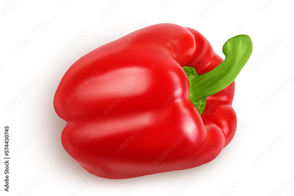 red sweet bell pepper isolated on white background. Top view. Flat lay