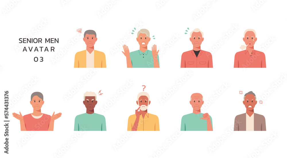 People portraits of older men with negative emotion isolated set, senior male faces avatars, vector flat illustration	
