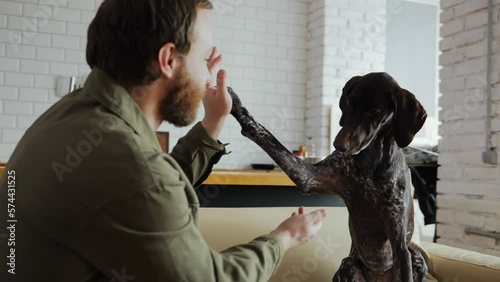 A millennial man with a beard is sitting on the couch at home and training a dog that he took from an animal shelter. A happy dog from the shelter is happy to train with his new owner. High quality 4k