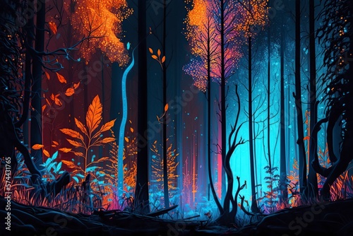 illustration, night forest with high contrast autumn foliage, ai generative © Jorge Ferreiro