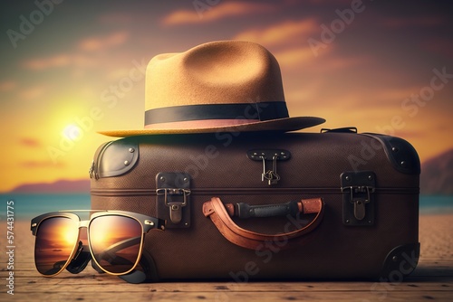 Luggage bag, sunglasses and beach hat on the beach. Sunset. Vacation and travel.