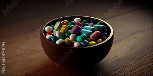 Tabletten in verschiedenen Formen und Farben in der Schale, ai generativ