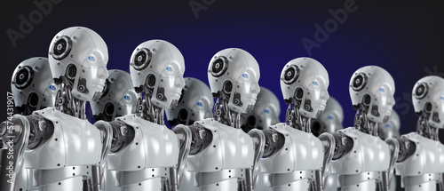 Group of artificial intelligence robots or group of cyborgs in factory. 