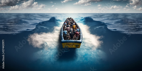 Migrants and refugees take a dangerous journey in a boat on the ocean Fototapet
