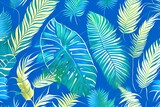 Exotic tropical leaves drawn on the blue wall. Floral background. Design for wallpaper, photo wallpaper, wallpaper, card, postcard - generative ai