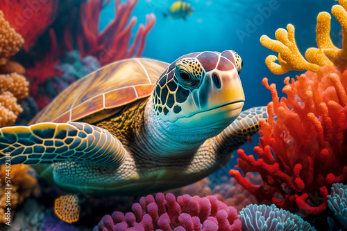 Fotografiet turtle swimming underwater in colorful coral reef