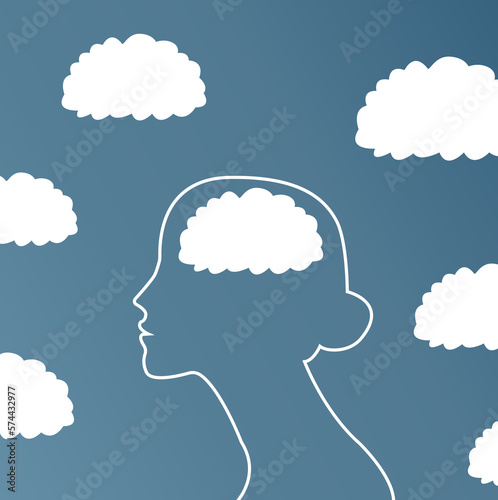a girl's head in the clouds. psychological illustration