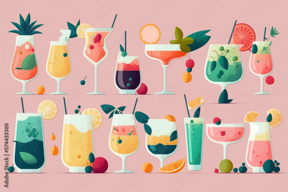 Colorful summer cocktails set illustration, Generative AI 