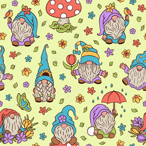 Cartoon gnomes spring seamless pattern. Cute scandinavian gnome spring repeat design vector art. Blooming flowers and green leaves. Springtime vibe. Textile print, paper or fabric design.