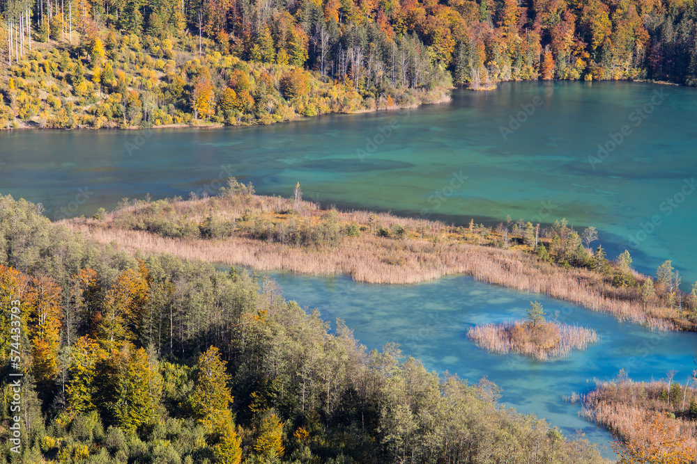 Colorful autumn tree tops on a lake shore seen from above and useable as background