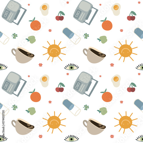 seamless pattern with food icons, breakfast time illustration, groove wrapping paper design 