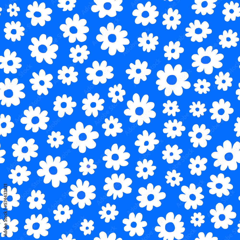 Flowers seamless pattern. Abstract floral minimal design illustration. Trendy colorful summer white flowers on blue background. Modern floral pattern tile for fashion textile fabric, cloth, decor Flowers seamless pattern. Abstract floral minimal design illustration. Trendy colorful summer white flowers on blue background. Modern floral pattern tile for fashion textile fabric, cloth, decor