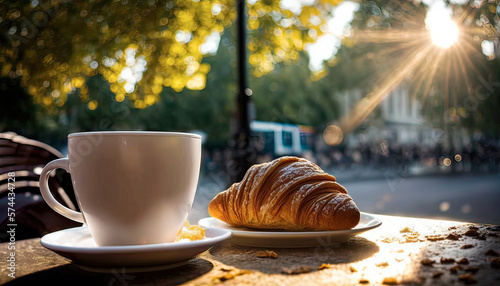 Breakfast in Paris. Enjoying croissant and cappuccino in a café in the city during a sunny day. Background blur, lens flare. Generative AI. photo