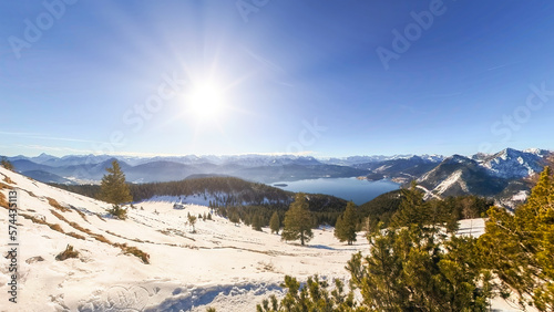 Mountain peak view to the Bavarian Walchensee during blue sky landscape