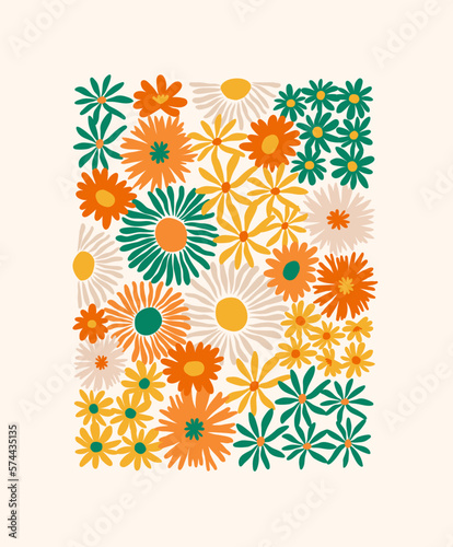 Colorful summer pattern with cute hand drawn meadow flowers. Minimalistic illustration of stylized flowers in trendy Matisse style. Botanical abstract art poster. Fashion stylish natural background.