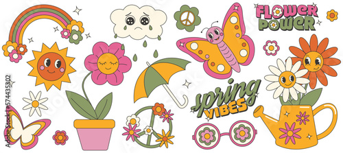 Y2k groovy spring sticker set. Retro floral spring aestetics. Cartoon characters in trendy retro 60s 70s style.
