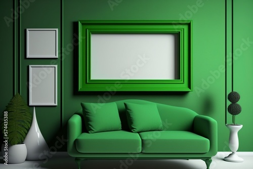 illustration, modern living room in green color, ai generative