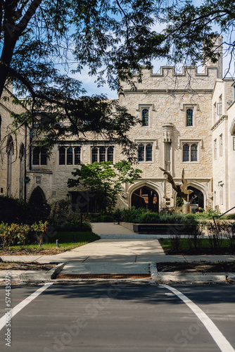 University of Chicago building, Illinois, sunny day with trees