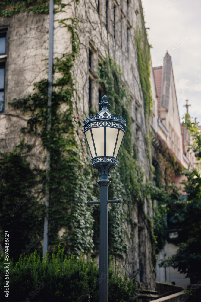 Beautiful old street lamp on University of Chicago campus against backdrop of old college building with ivy and stone Beautiful old street lamp on University of Chicago campus against backdrop of old college building with ivy and stone