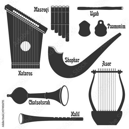 Vector set of silhouettes. "Musical Instruments in the Bible" series. 