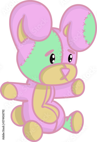 Vector drawing of a sitting stuffed plush rabbit toy, doll. Hand drawn, doodle, flat, in cartoon style, cute, animal. Easter, Easter bunny, spring, holiday. Colourful, pink, green, beige, colours.