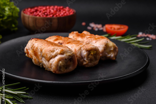 Delicious baked pork or chicken roll with mushrooms  spices and herbs inside