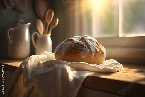 Freshly baked loaf of artisan bread cooling on the counter, sunlight, Generative AI