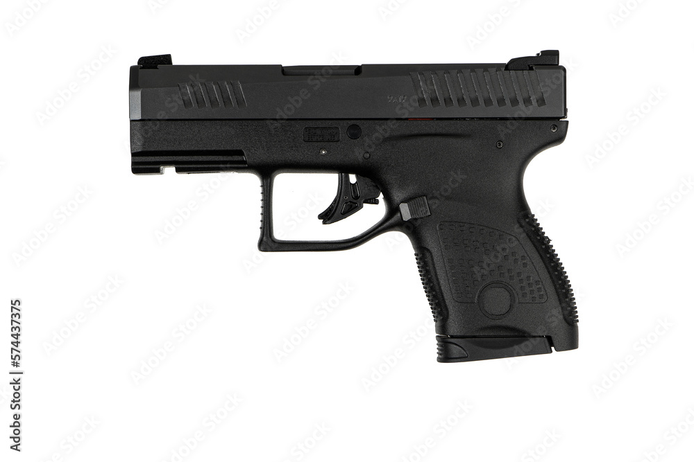 Modern semi-automatic pistol isolate on a white background. Armament for the army and police. Short-barreled weapon Modern semi-automatic pistol isolate on a white background. Armament for the army and police. Short-barreled weapon