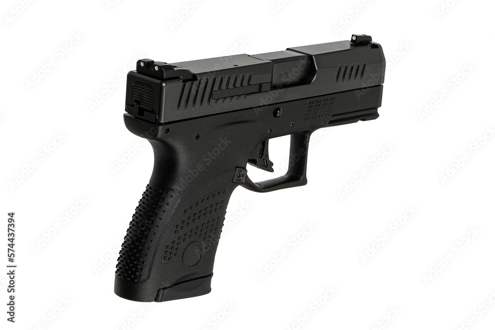 Modern semi-automatic pistol isolate on a white background. Armament for the army and police. Short-barreled weapon Modern semi-automatic pistol isolate on a white background. Armament for the army and police. Short-barreled weapon