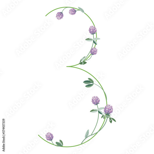 Numeral three with red clover branches. Floral font. Number 3. Isolated vector illustration.