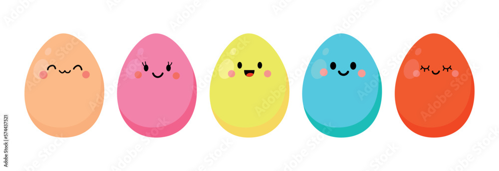 Set of cute cartoon easter eggs with emotions isolated on white background vector illustration.